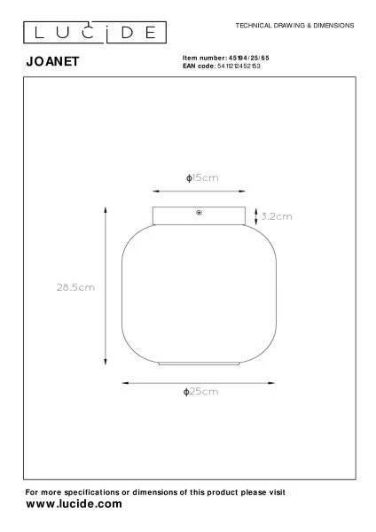 Lucide JOANET - Lámpara de techo - Ø 25 cm - 1xE27 - Ahumado - técnico